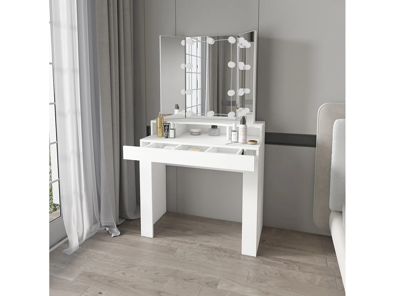 Tocador 3 espejos mesa moderna maquillaje LED comoda madera cajón MDF blanco