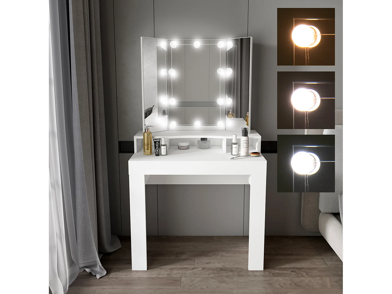 Tocador 3 espejos mesa moderna maquillaje LED comoda madera cajón MDF blanco