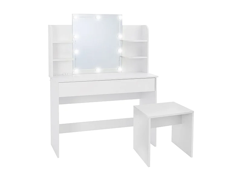 Conjunto mesa maquillaje moderna blanca con espejo LED cajón taburete robusto
