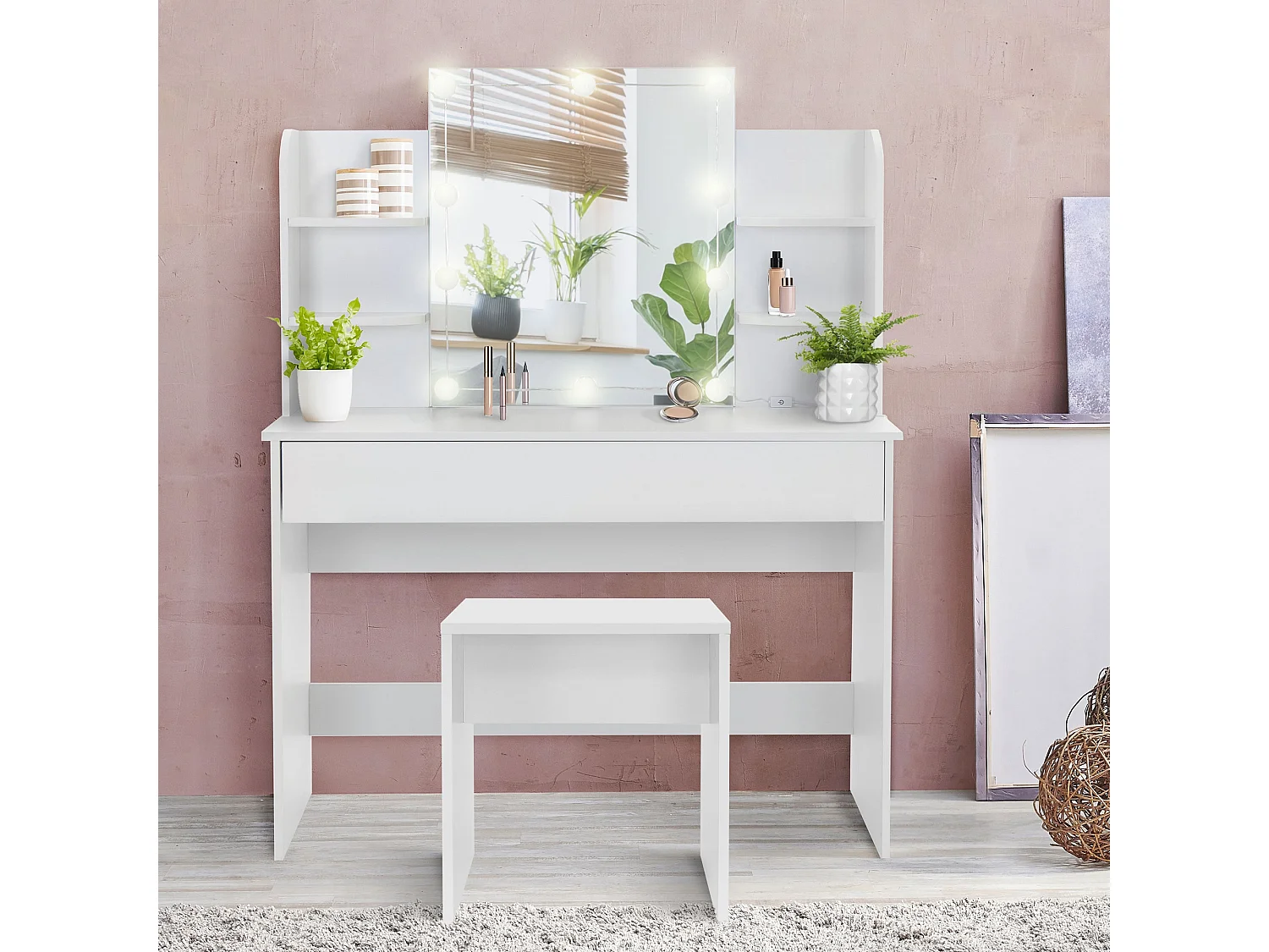 Conjunto mesa maquillaje moderna blanca con espejo LED cajón taburete robusto
