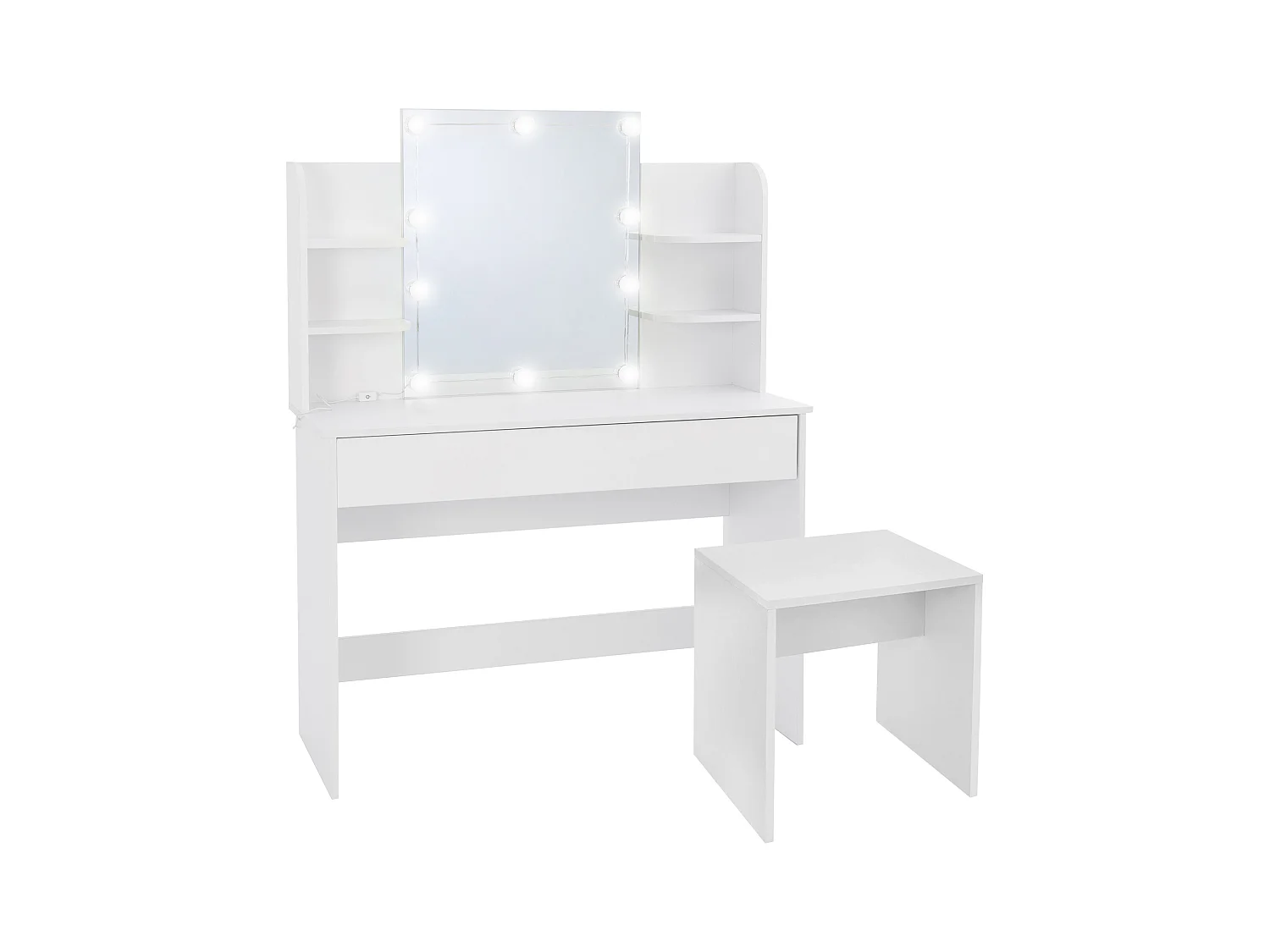 Table maquillage avec miroir et guirlande LED coiffeuse en MDF + tabouret blanc