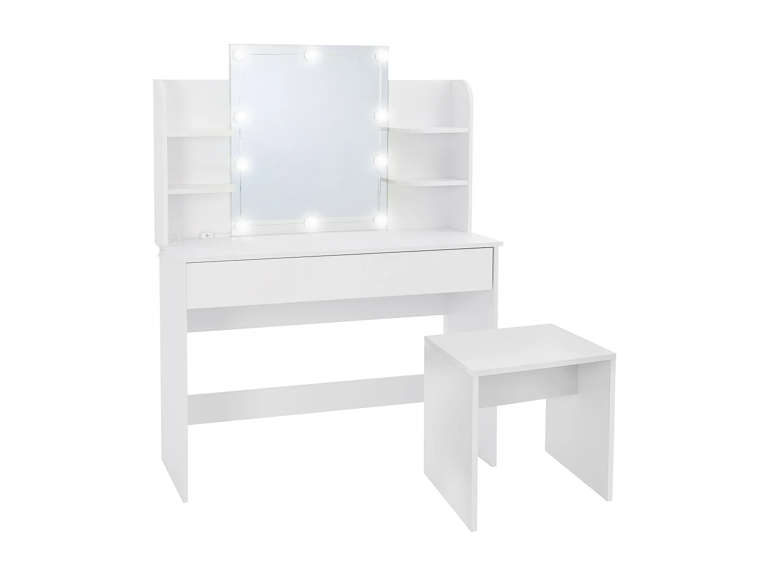 Table maquillage avec miroir et guirlande LED coiffeuse en MDF + tabouret blanc