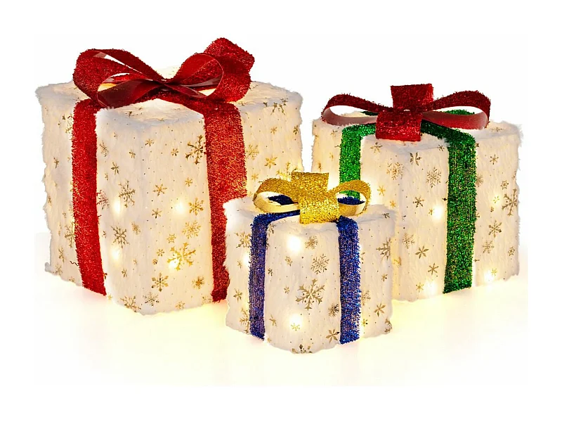 Lot de 3 boîtes à cadeaux lumineuses de noël 48 led, avec 6 piquets et 10 serre-câbles