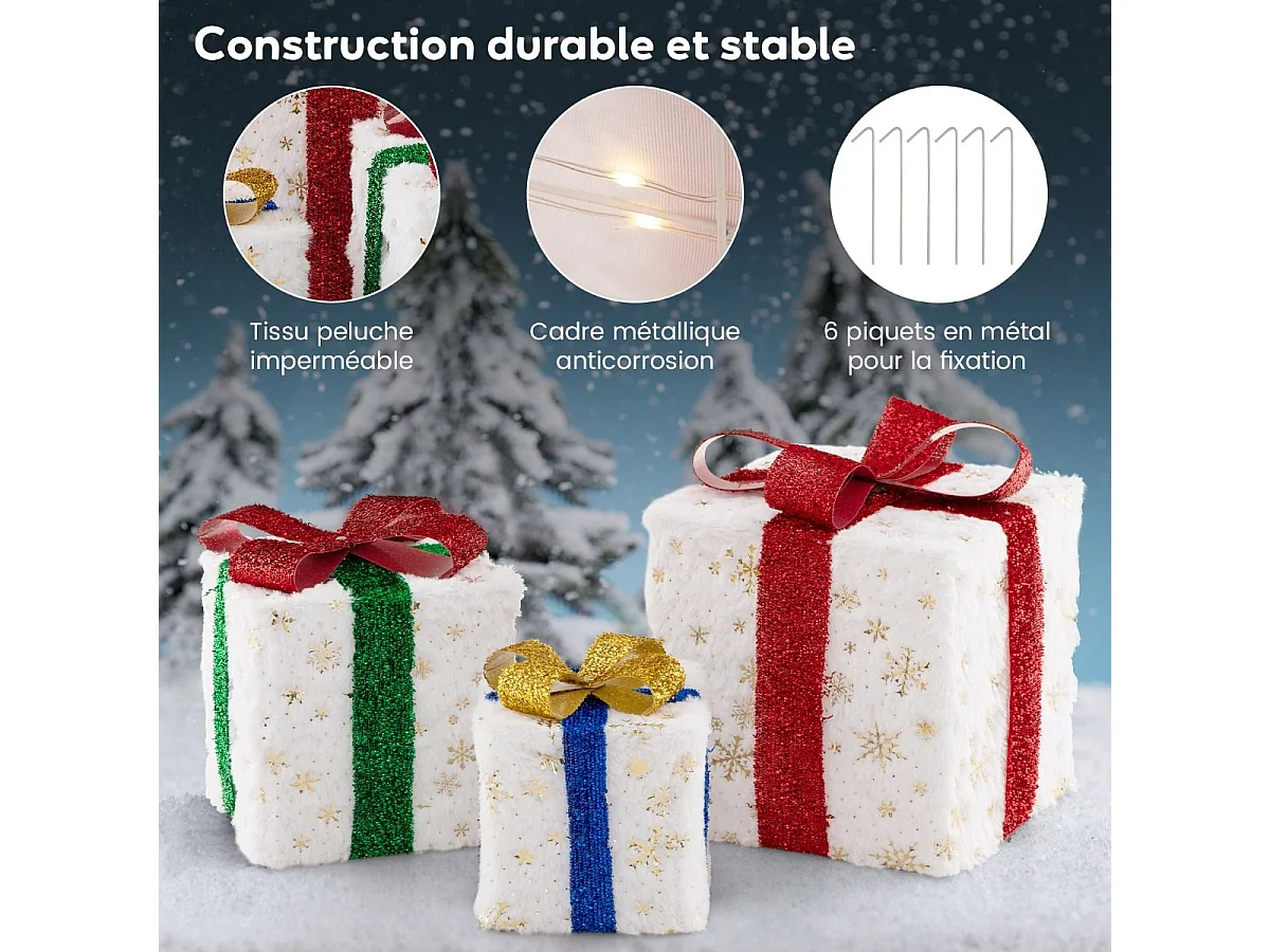 Lot de 3 boîtes à cadeaux lumineuses de noël 48 led, avec 6 piquets et 10 serre-câbles