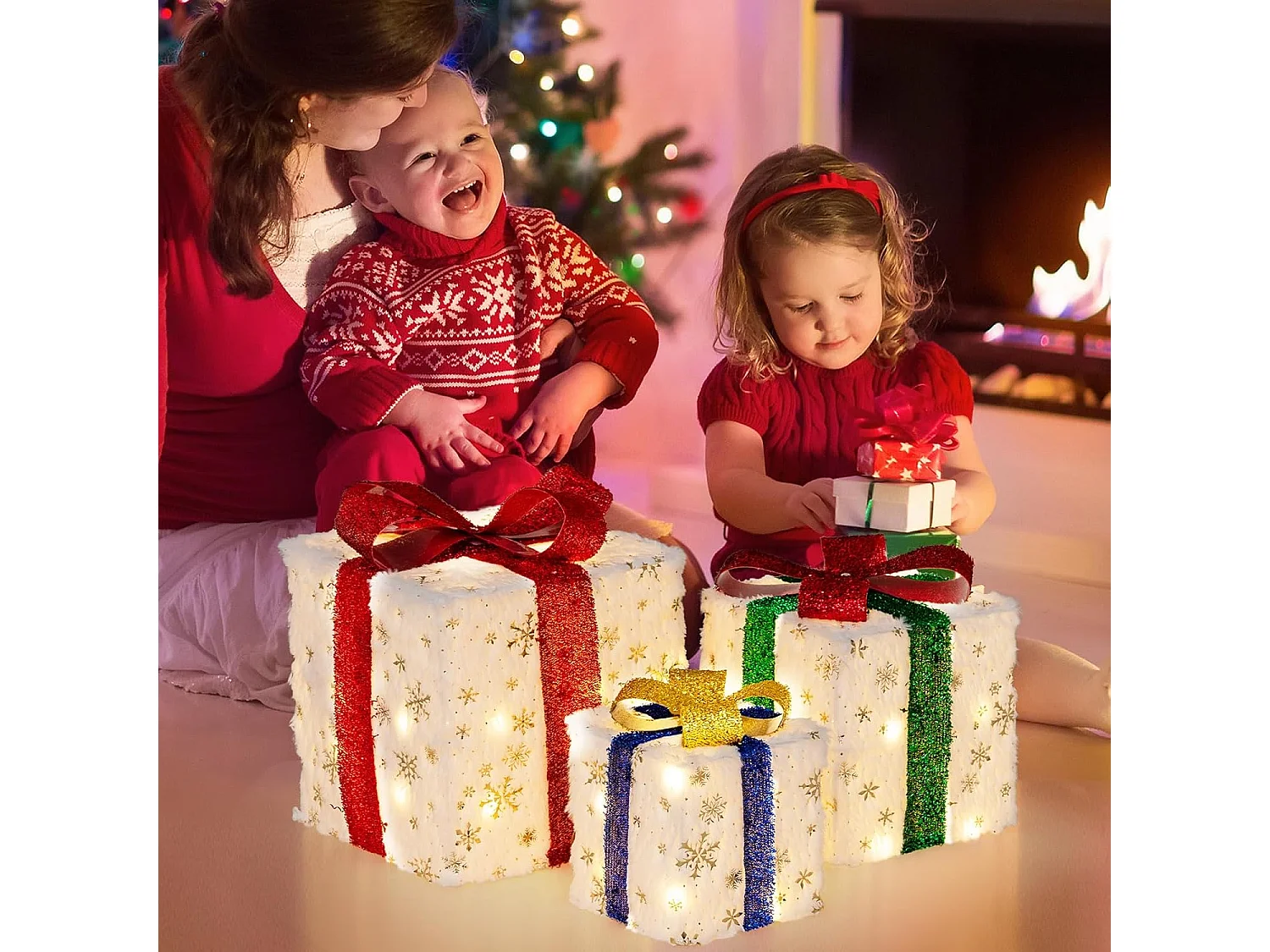 Lot de 3 boîtes à cadeaux lumineuses de noël 48 led, avec 6 piquets et 10 serre-câbles