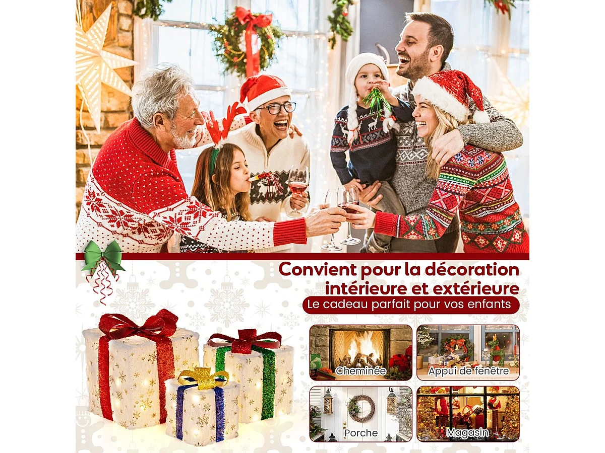 Lot de 3 boîtes à cadeaux lumineuses de noël 48 led, avec 6 piquets et 10 serre-câbles