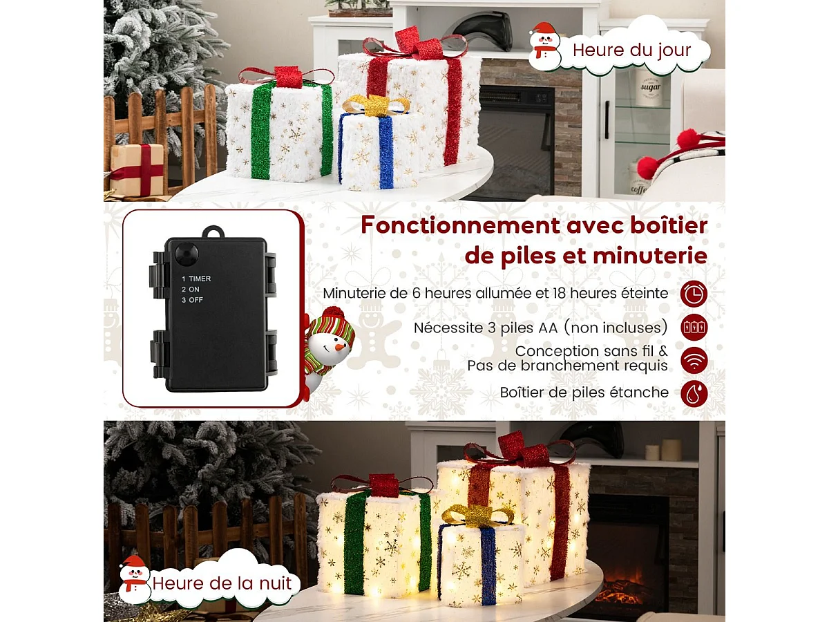 Lot de 3 boîtes à cadeaux lumineuses de noël 48 led, avec 6 piquets et 10 serre-câbles