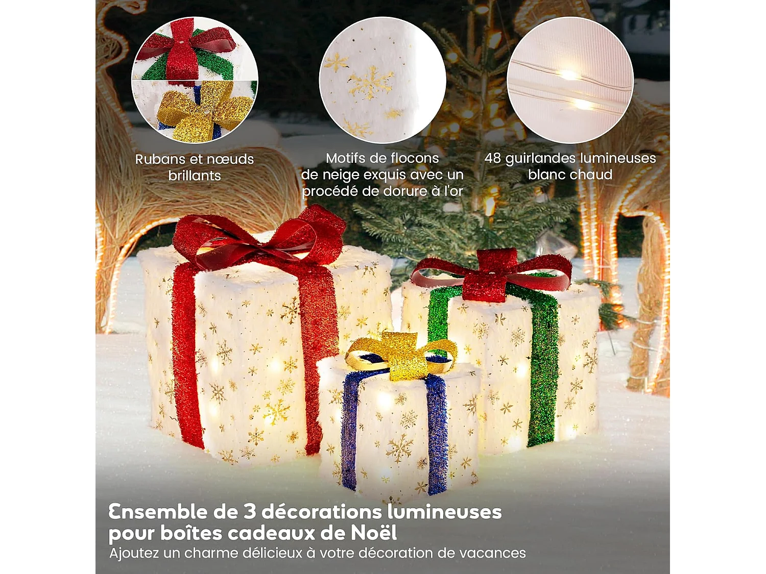 Lot de 3 boîtes à cadeaux lumineuses de noël 48 led, avec 6 piquets et 10 serre-câbles