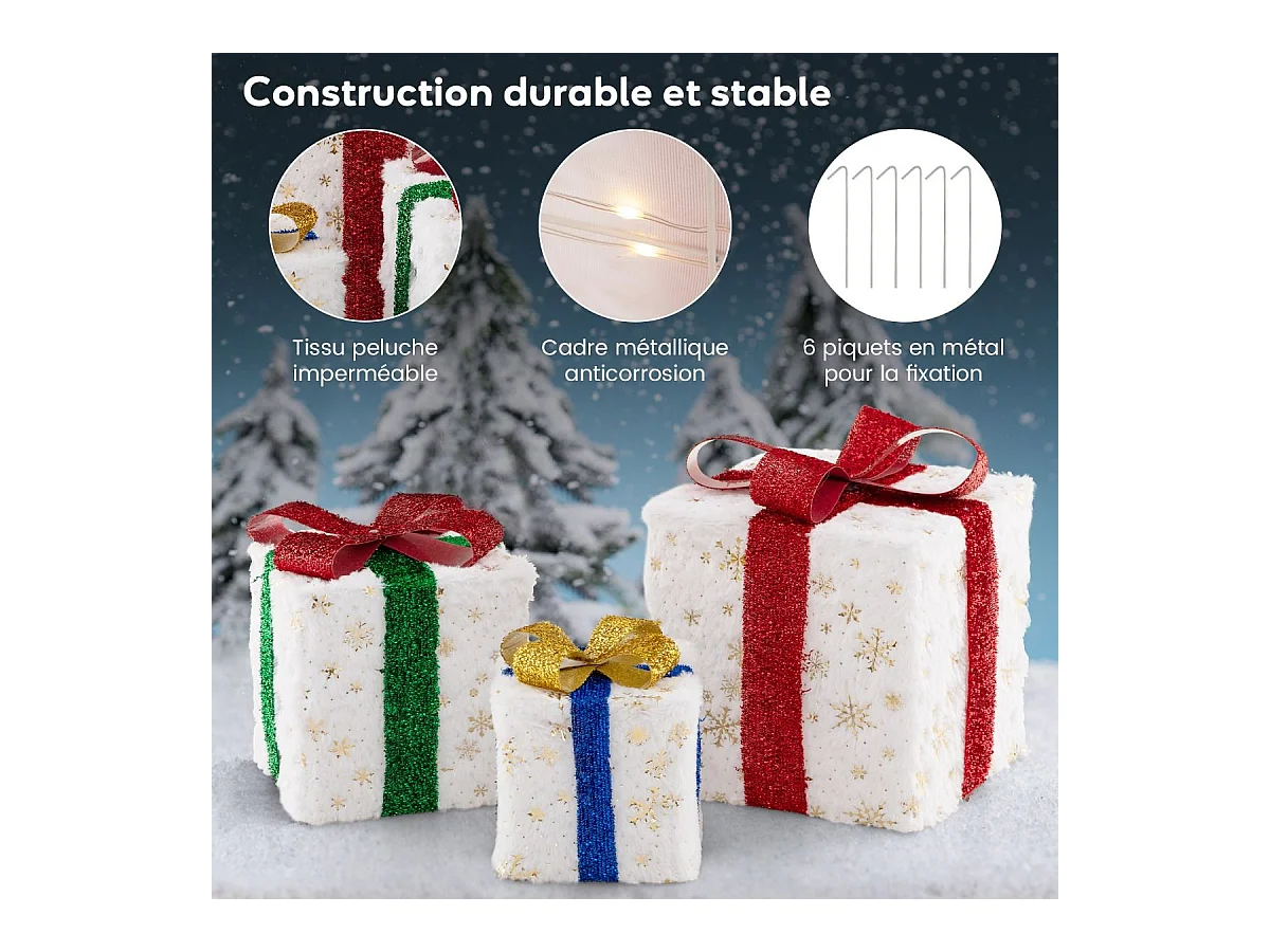 Lot de 3 boîtes à cadeaux lumineuses de noël 48 led, avec 6 piquets et 10 serre-câbles