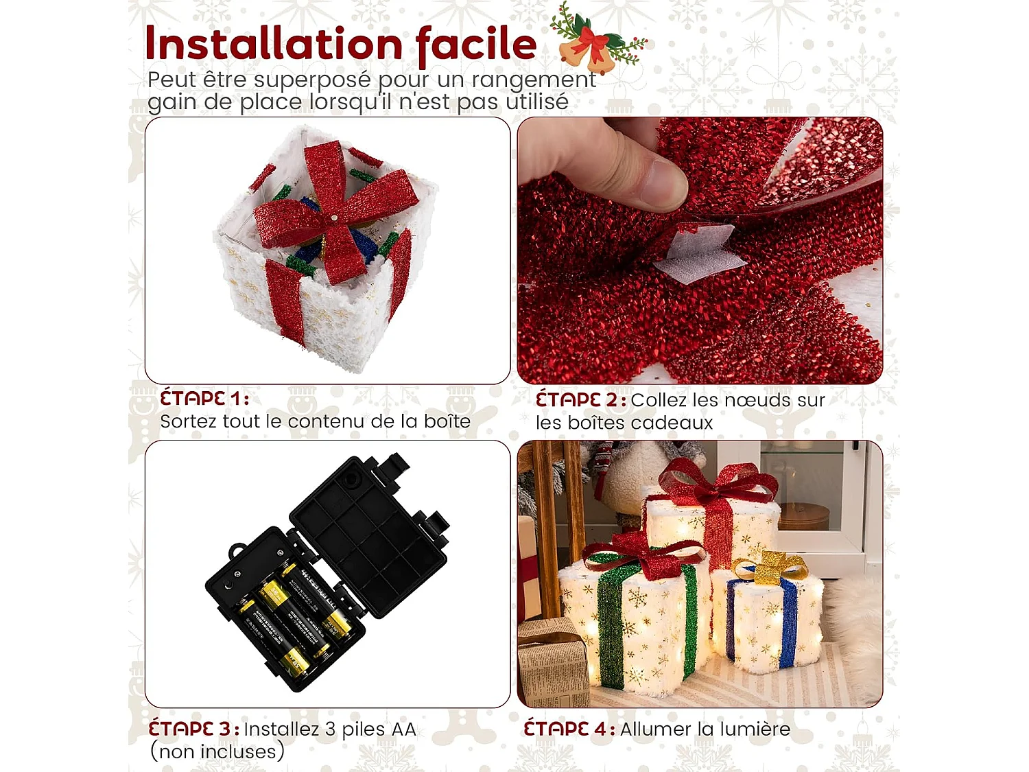 Lot de 3 boîtes à cadeaux lumineuses de noël 48 led, avec 6 piquets et 10 serre-câbles