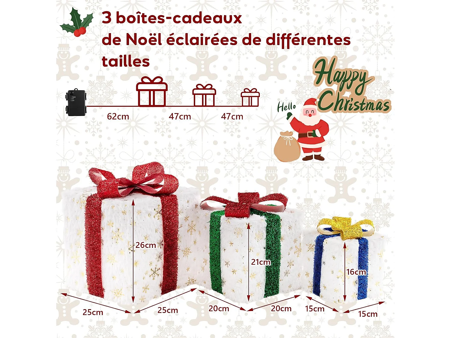 Lot de 3 boîtes à cadeaux lumineuses de noël 48 led, avec 6 piquets et 10 serre-câbles