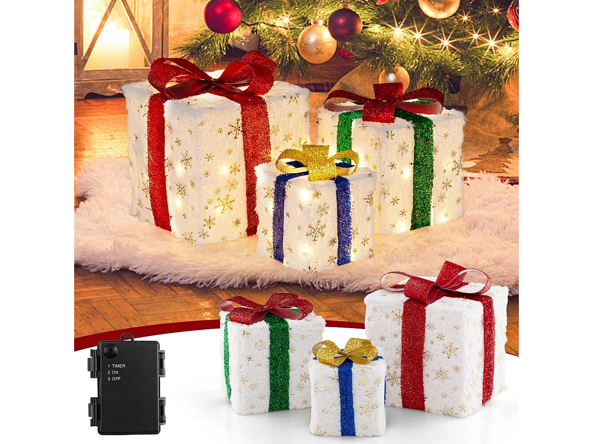 Lot de 3 boîtes à cadeaux lumineuses de noël 48 led, avec 6 piquets et 10 serre-câbles