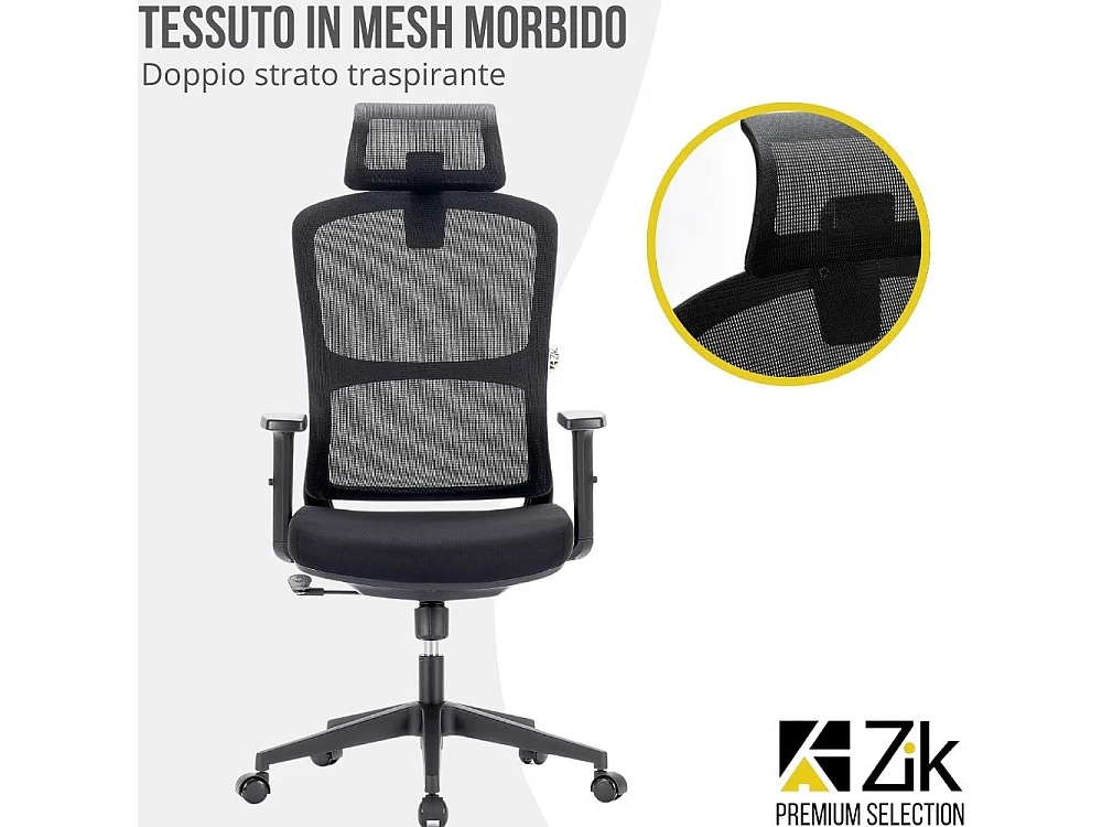 Cadeira de escritório giratória ergonómica com apoios para os braços, apoio para a cabeça e apoio lombar, ajustável, cadeira de secretária- ZIK