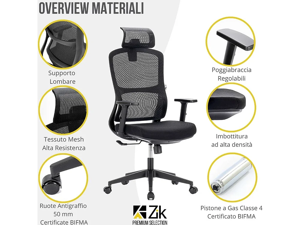 Cadeira de escritório giratória ergonómica com apoios para os braços, apoio para a cabeça e apoio lombar, ajustável, cadeira de secretária- ZIK