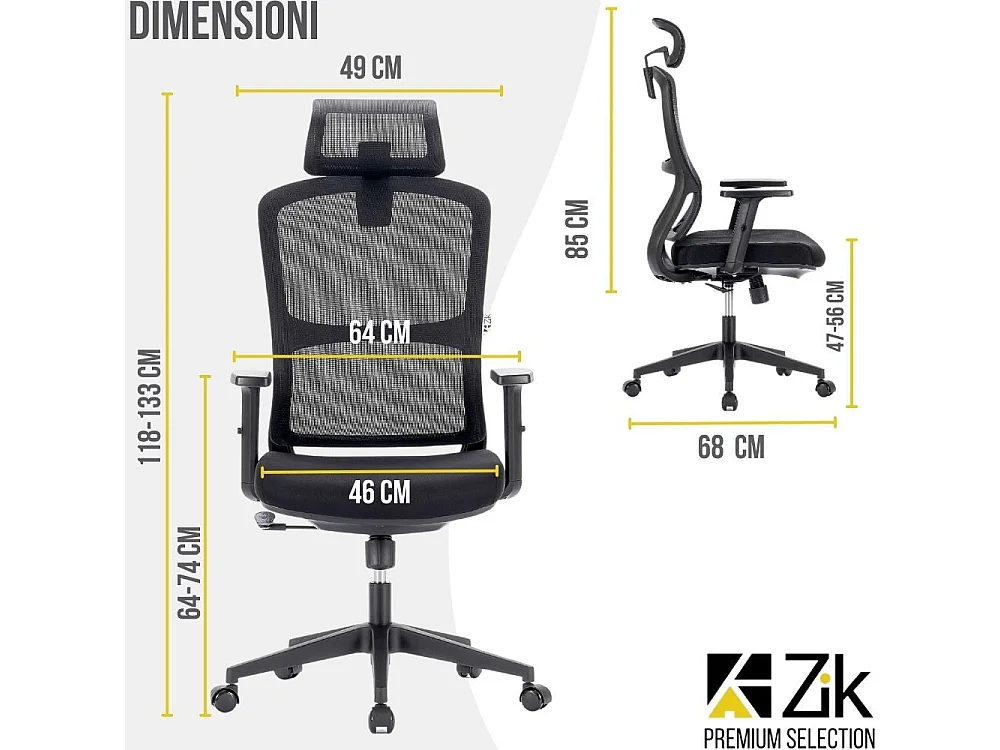 Cadeira de escritório giratória ergonómica com apoios para os braços, apoio para a cabeça e apoio lombar, ajustável, cadeira de secretária- ZIK