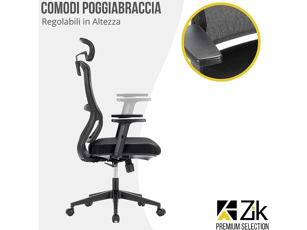 Cadeira de escritório giratória ergonómica com apoios para os braços, apoio para a cabeça e apoio lombar, ajustável, cadeira de secretária- ZIK