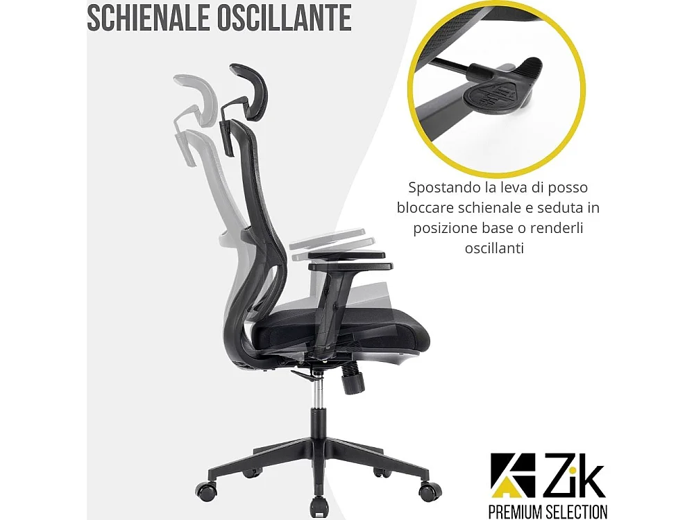 Cadeira de escritório giratória ergonómica com apoios para os braços, apoio para a cabeça e apoio lombar, ajustável, cadeira de secretária- ZIK