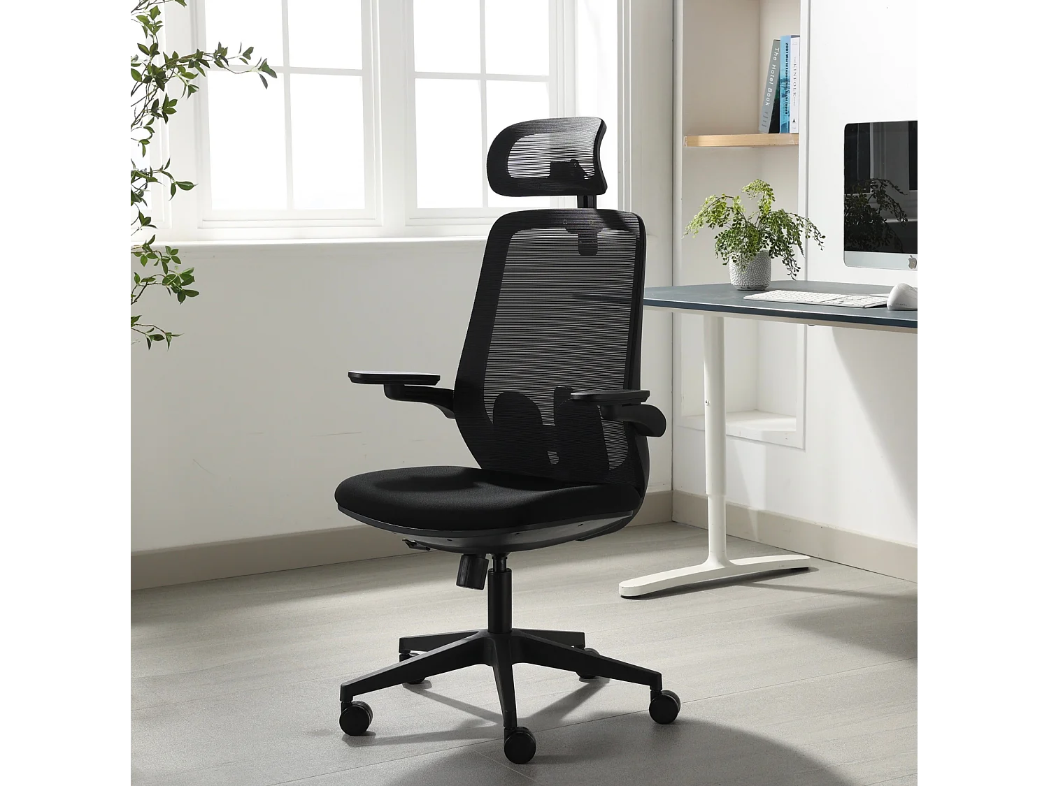 Silla giratoria de oficina ergonómica con reposabrazos, reposacabezas y soporte lumbar, ajustable, silla de escritorio de tela, negro - ZIK