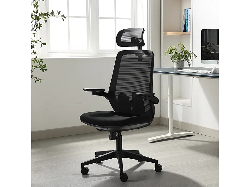 Silla giratoria de oficina ergonómica con reposabrazos, reposacabezas y soporte lumbar, ajustable, silla de escritorio de tela, negro - ZIK