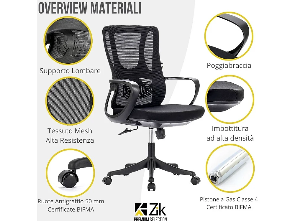 Cadeira de escritório ergonómica Cadeira giratória com braços, apoio lombar, giratória, altura ajustável em tecido respirável - Preto