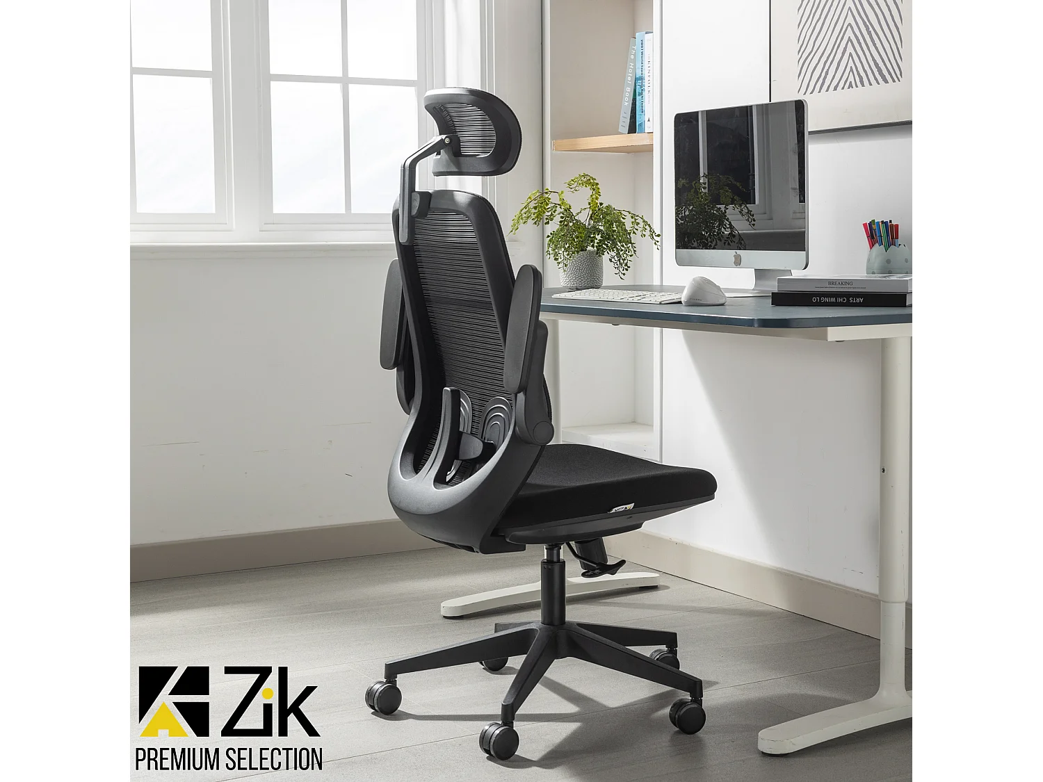 Sedia Ufficio Poltrona Ergonomica Girevole con Braccioli e Poggiatesta, con Supporto Lombare, Altezza Regolabile in Tessuto, Nero - ZIK