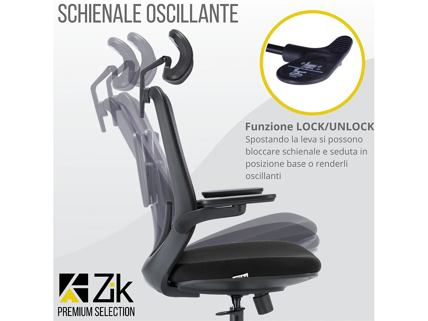 Sedia Ufficio Poltrona Ergonomica Girevole con Braccioli e Poggiatesta, con Supporto Lombare, Altezza Regolabile in Tessuto, Nero - ZIK