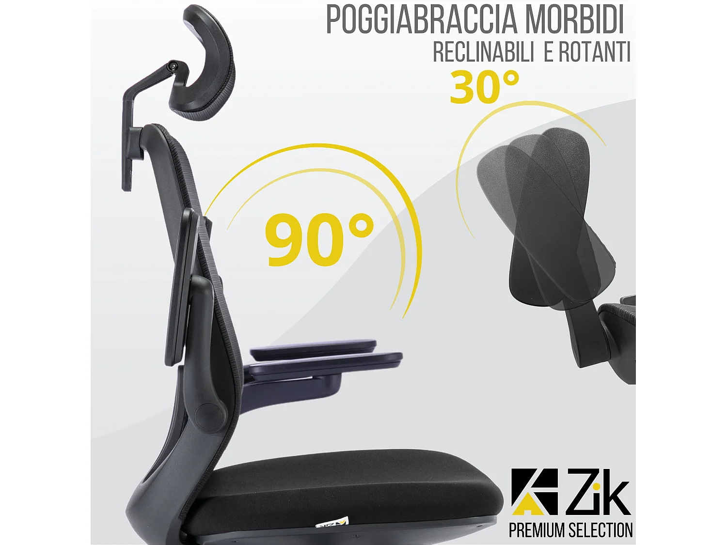 Sedia Ufficio Poltrona Ergonomica Girevole con Braccioli e Poggiatesta, con Supporto Lombare, Altezza Regolabile in Tessuto, Nero - ZIK