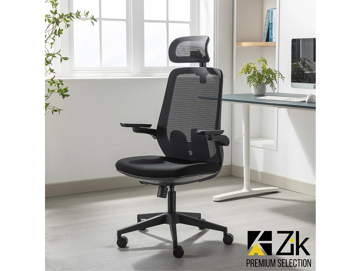 Sedia Ufficio Poltrona Ergonomica Girevole con Braccioli e Poggiatesta, con Supporto Lombare, Altezza Regolabile in Tessuto, Nero - ZIK