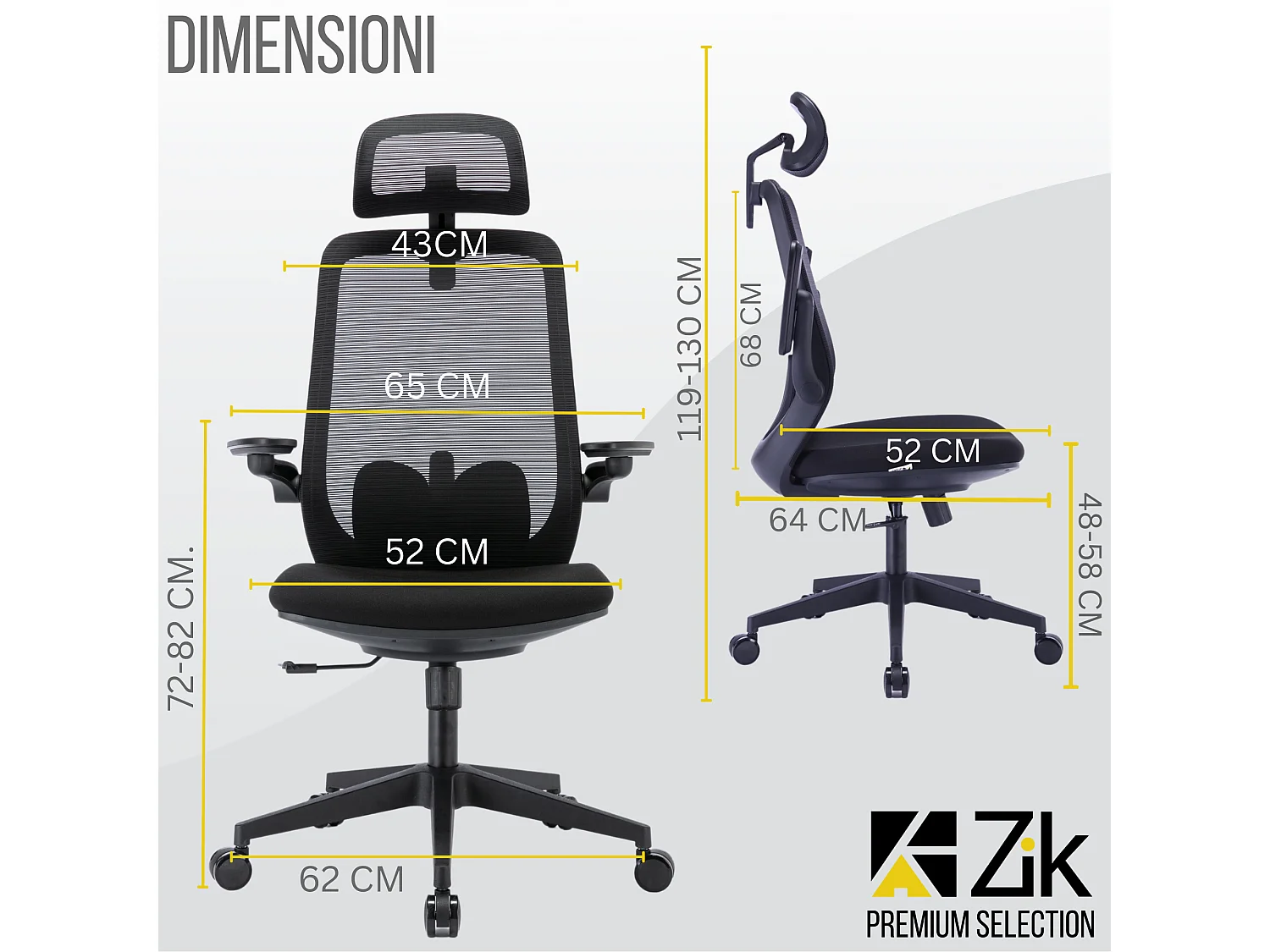 Sedia Ufficio Poltrona Ergonomica Girevole con Braccioli e Poggiatesta, con Supporto Lombare, Altezza Regolabile in Tessuto, Nero - ZIK