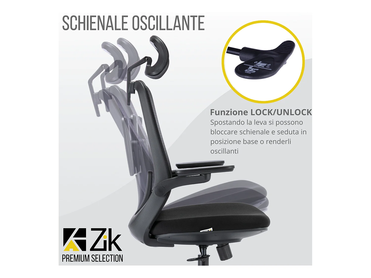 Silla de Oficina Giratoria Ergonómica con Reposabrazos y Reposacabezas, con Apoyo Lumbar, Altura Ajustable en Tejido, Negra - ZIK