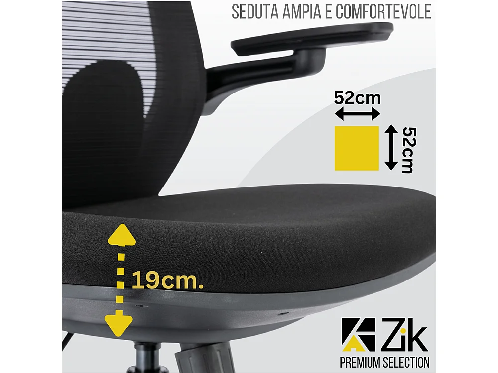 Cadeira de escritório giratória ergonómica com apoios de braços e apoio de cabeça, com apoio lombar, ajustável em altura em tecido, preta - ZIK