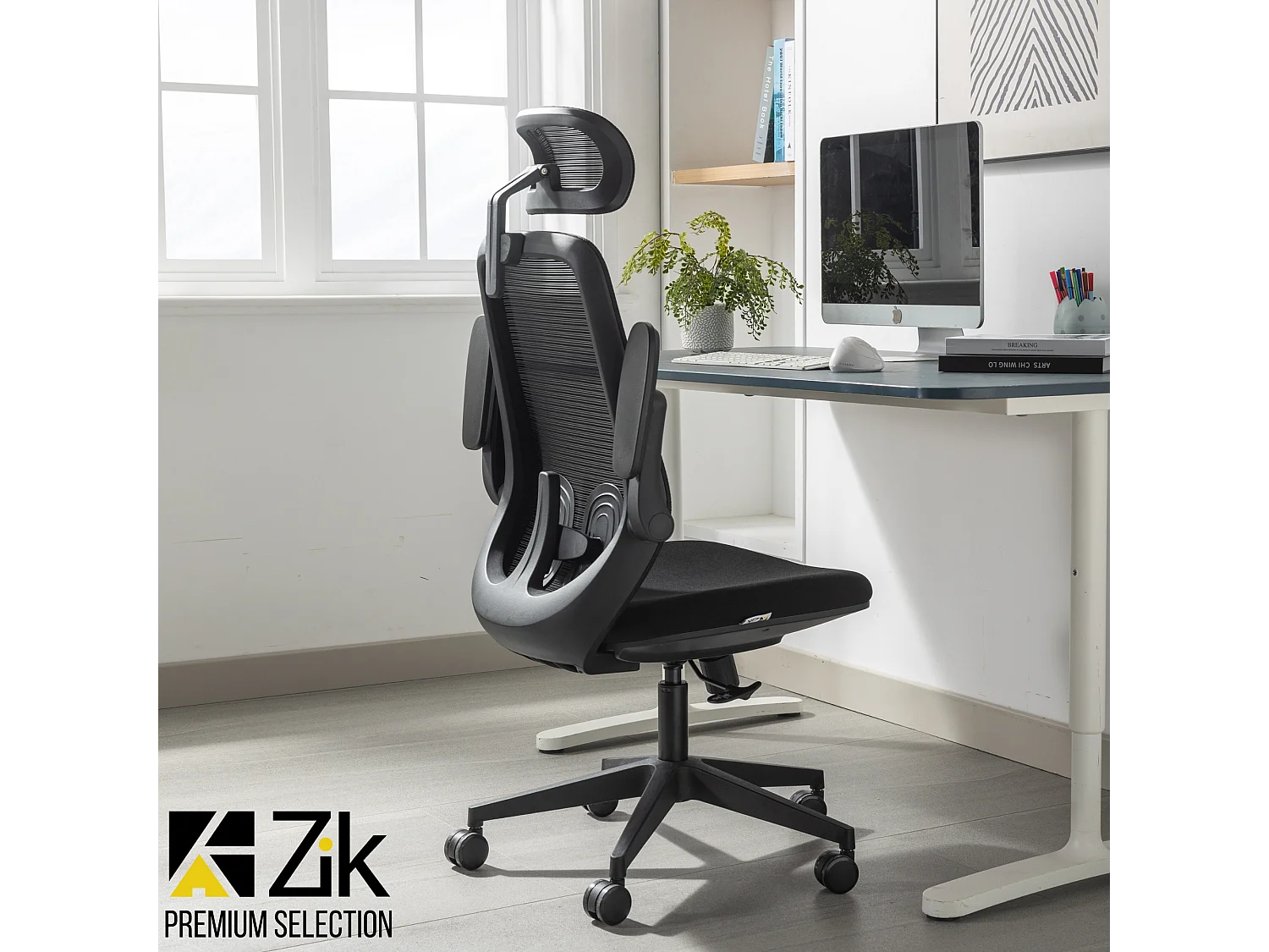 Cadeira de escritório giratória ergonómica com apoios de braços e apoio de cabeça, com apoio lombar, ajustável em altura em tecido, preta - ZIK