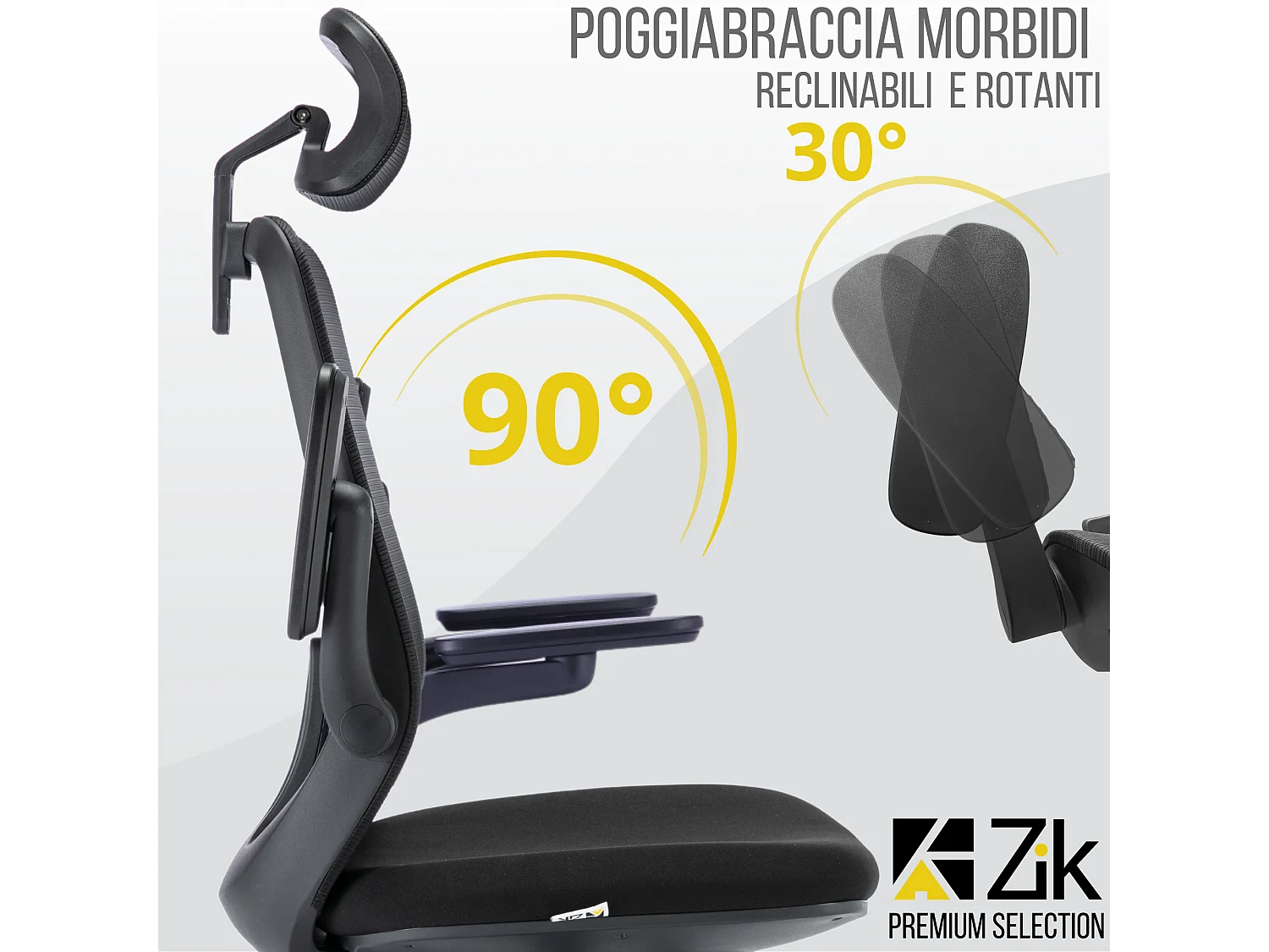 Cadeira de escritório giratória ergonómica com apoios de braços e apoio de cabeça, com apoio lombar, ajustável em altura em tecido, preta - ZIK