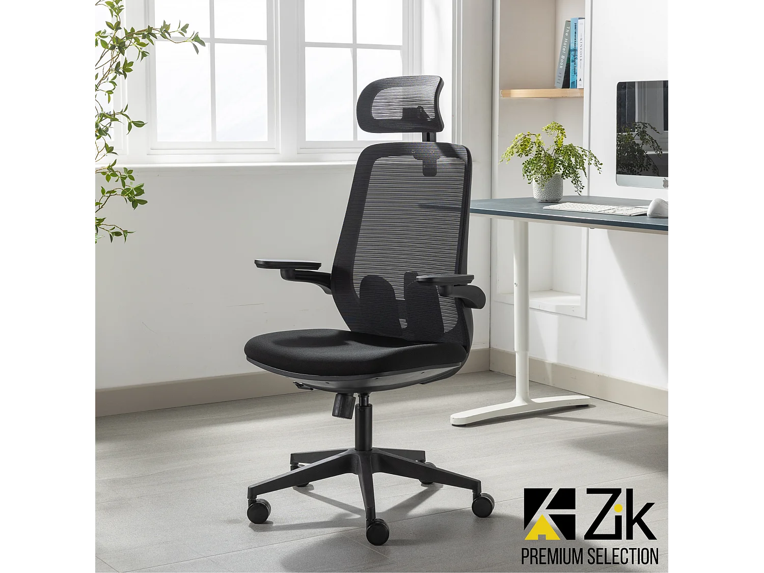 Cadeira de escritório giratória ergonómica com apoios de braços e apoio de cabeça, com apoio lombar, ajustável em altura em tecido, preta - ZIK