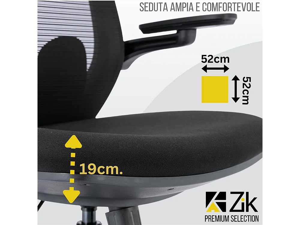 Cadeira de escritório giratória ergonómica com apoios de braços e apoio de cabeça, com apoio lombar, ajustável em altura em tecido, preta - ZIK