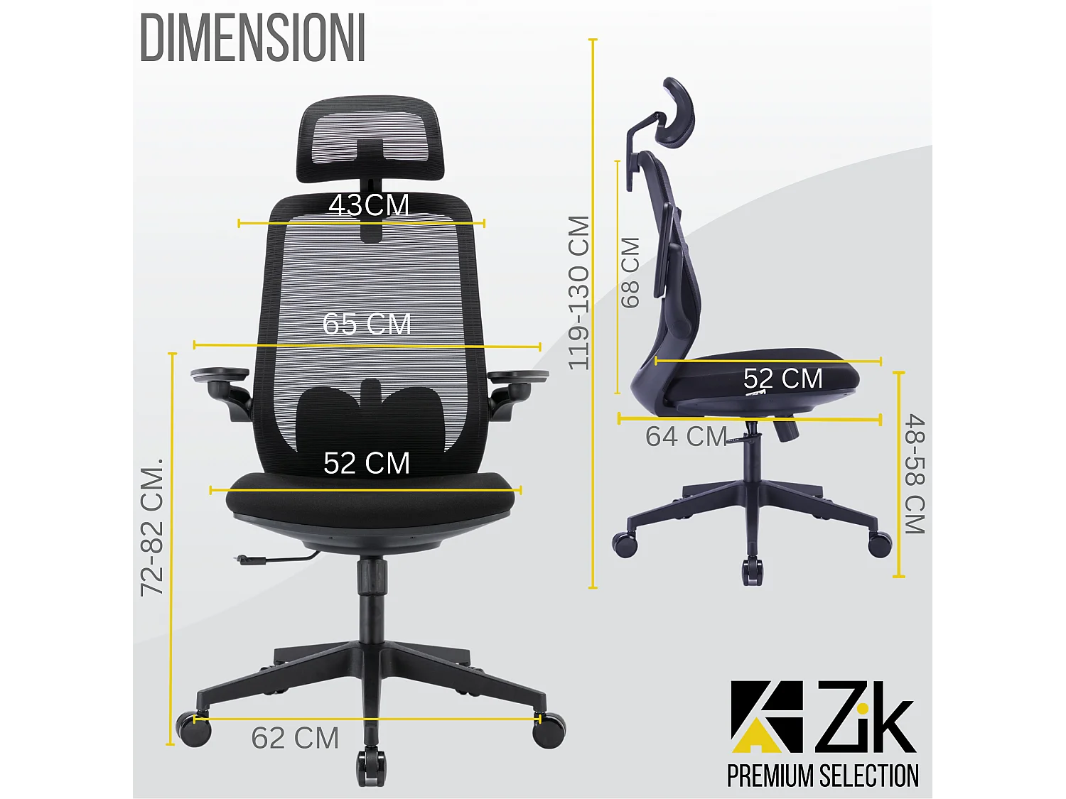 Cadeira de escritório giratória ergonómica com apoios de braços e apoio de cabeça, com apoio lombar, ajustável em altura em tecido, preta - ZIK