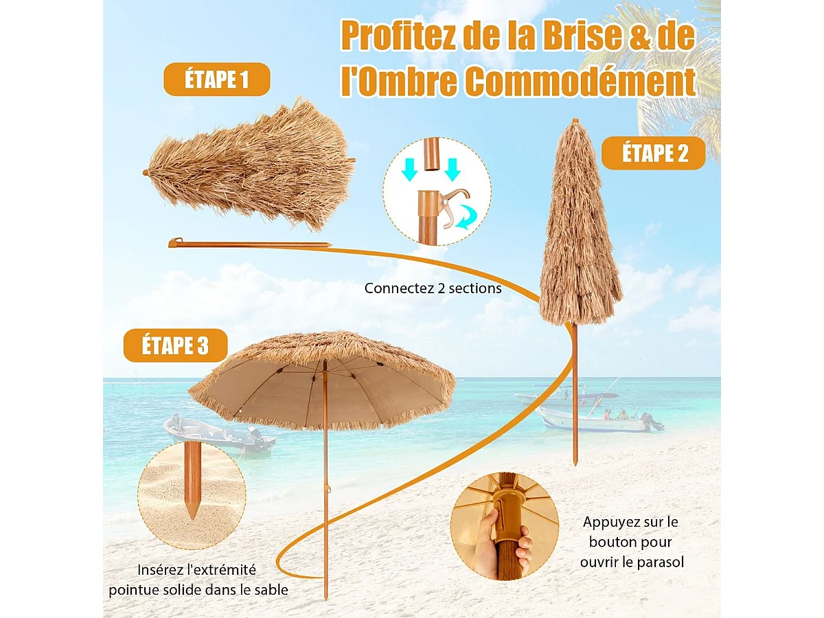 Parasol de Plage en Paille 7 Couches 205CM de Style Hawaïen-Parasol Tropical Portable 8 Baleines en Métal Bouton-Pression, Imperméable pour Cour Bord de Piscine