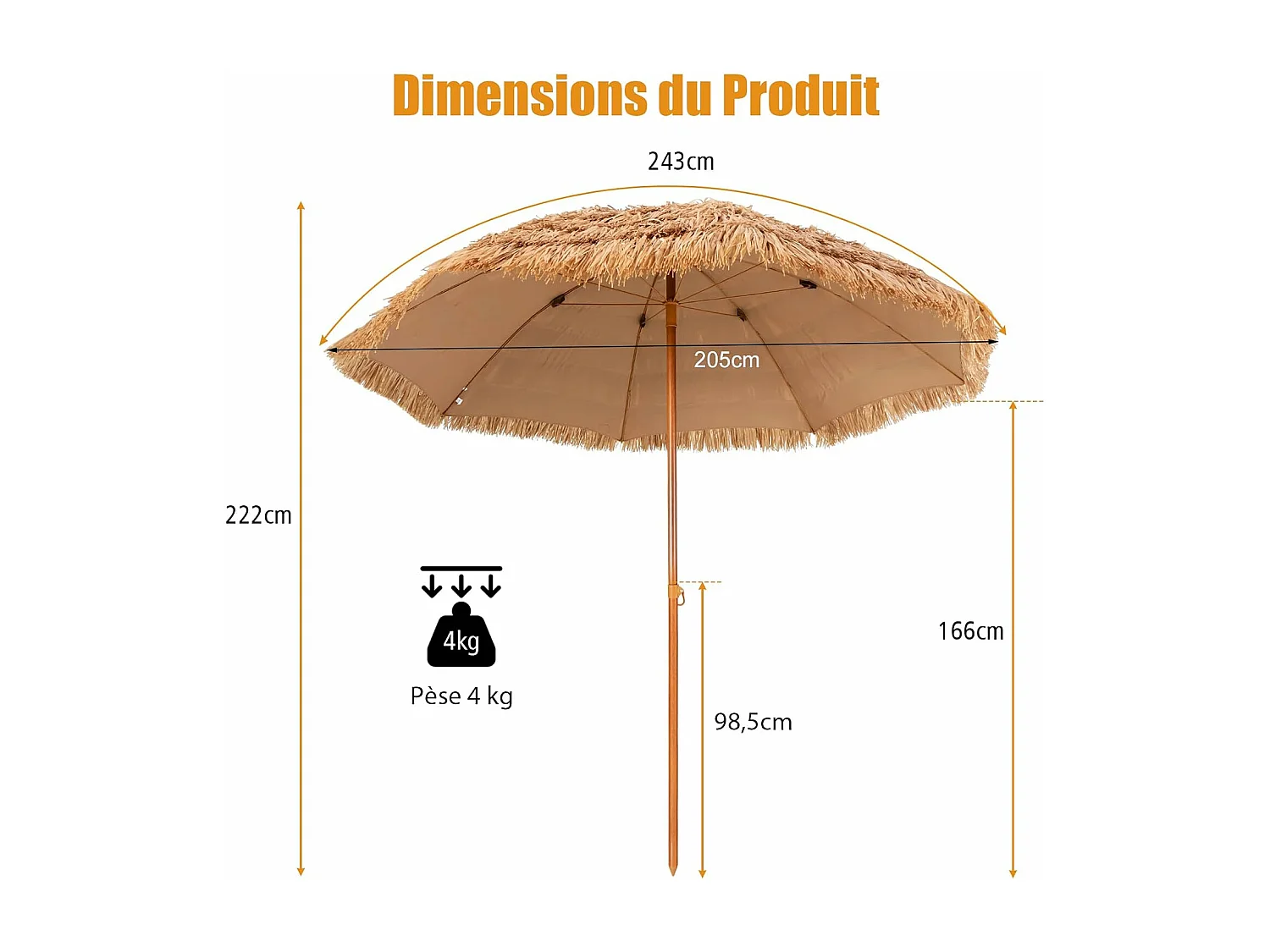 Parasol de Plage en Paille 7 Couches 205CM de Style Hawaïen-Parasol Tropical Portable 8 Baleines en Métal Bouton-Pression, Imperméable pour Cour Bord de Piscine