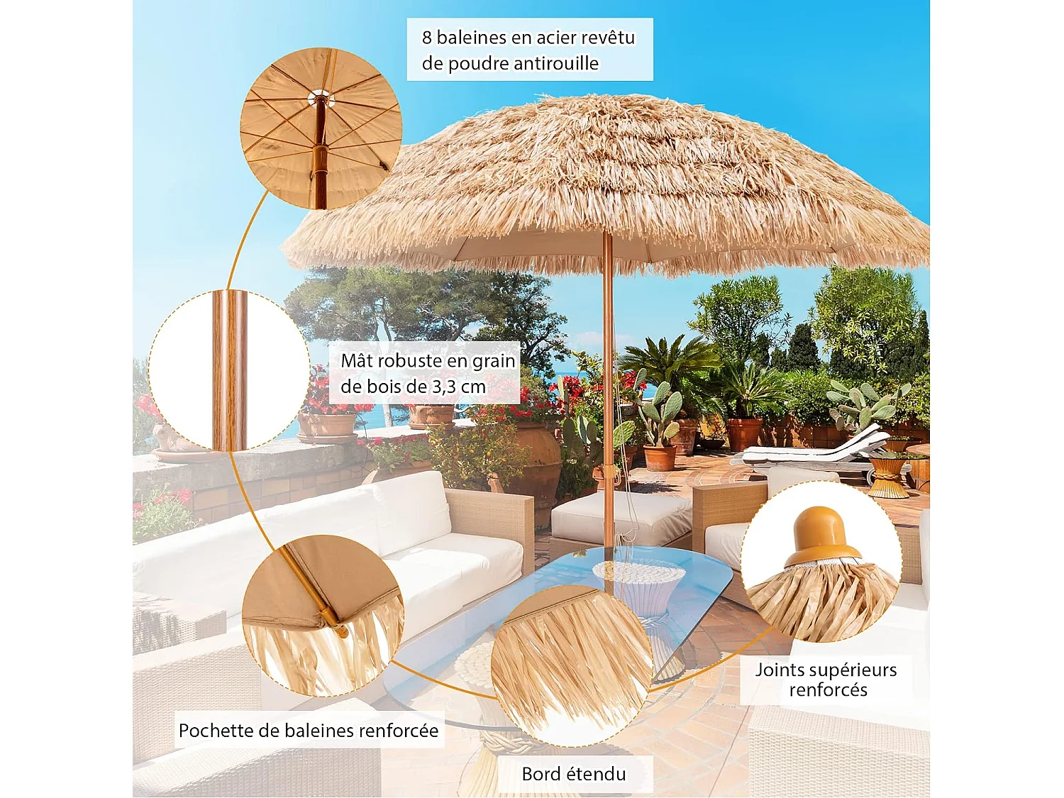 Parasol de Plage en Paille 7 Couches 205CM de Style Hawaïen-Parasol Tropical Portable 8 Baleines en Métal Bouton-Pression, Imperméable pour Cour Bord de Piscine