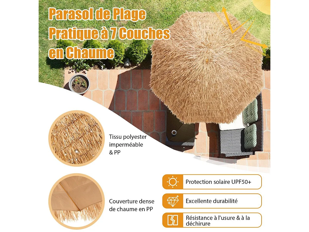 Parasol de Plage en Paille 7 Couches 205CM de Style Hawaïen-Parasol Tropical Portable 8 Baleines en Métal Bouton-Pression, Imperméable pour Cour Bord de Piscine