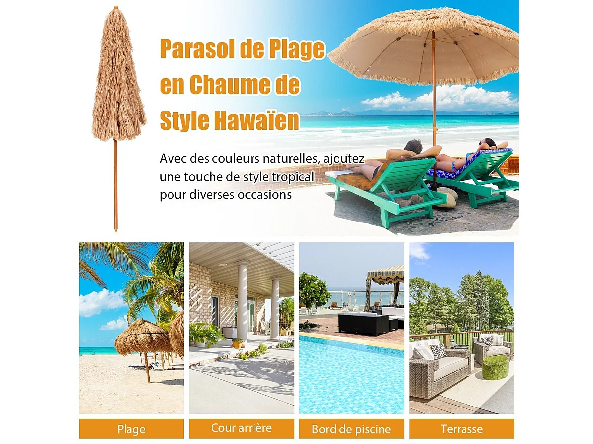 Parasol de Plage en Paille 7 Couches 205CM de Style Hawaïen-Parasol Tropical Portable 8 Baleines en Métal Bouton-Pression, Imperméable pour Cour Bord de Piscine