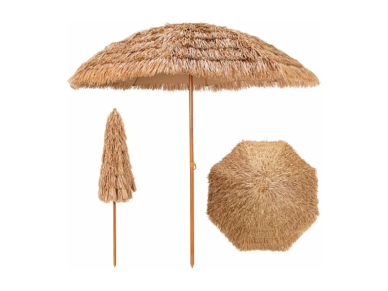 Parasol de Plage en Paille 7 Couches 205CM de Style Hawaïen-Parasol Tropical Portable 8 Baleines en Métal Bouton-Pression, Imperméable pour Cour Bord de Piscine