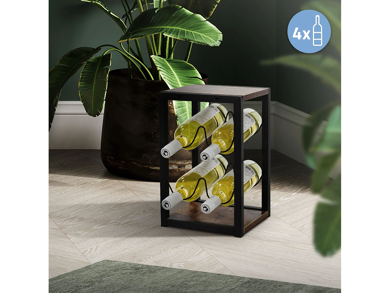 Casier à vin 4 bouteilles rangement porte-bouteille noir/aspect bois MDF/métal