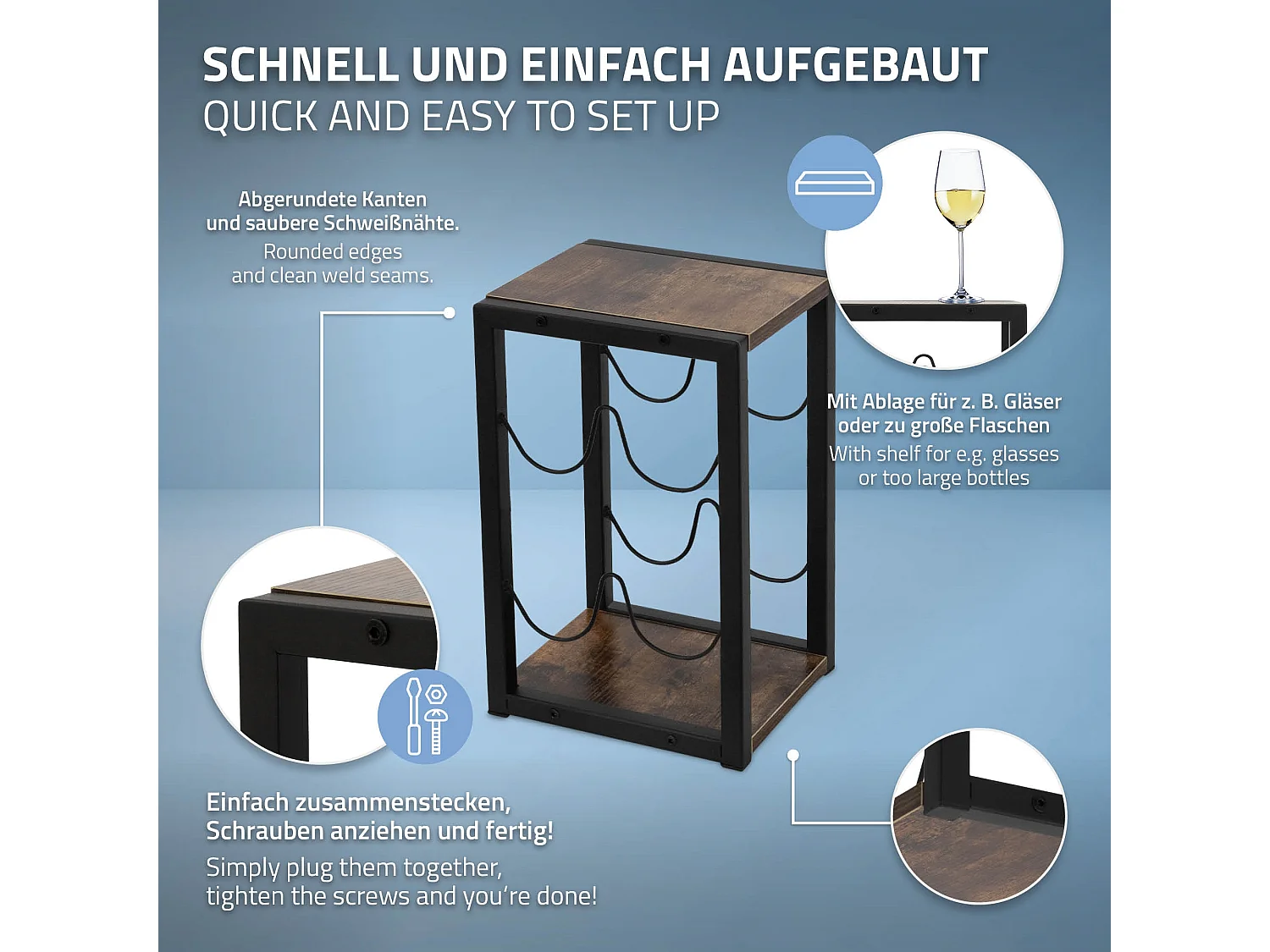 Casier à vin 4 bouteilles rangement porte-bouteille noir/aspect bois MDF/métal