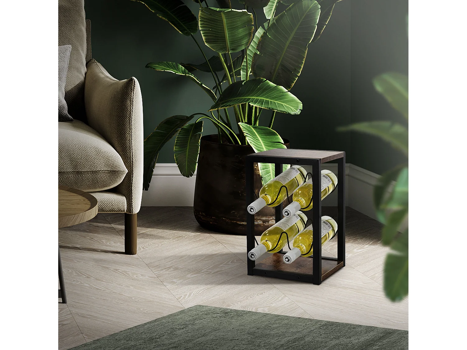 Casier à vin 4 bouteilles rangement porte-bouteille noir/aspect bois MDF/métal