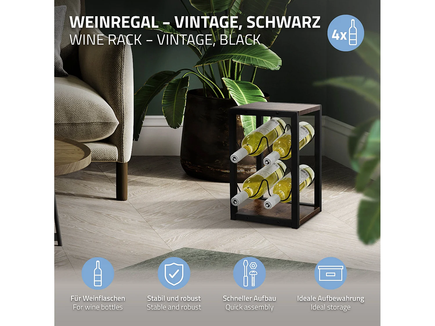 Casier à vin 4 bouteilles rangement porte-bouteille noir/aspect bois MDF/métal