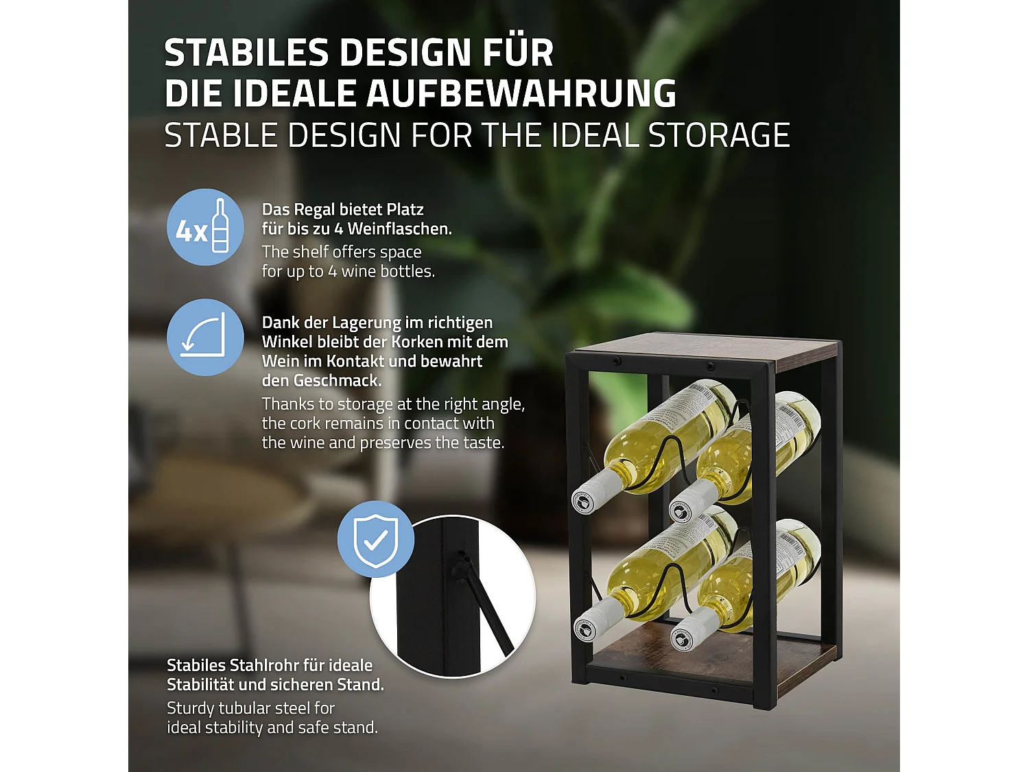 Casier à vin 4 bouteilles rangement porte-bouteille noir/aspect bois MDF/métal