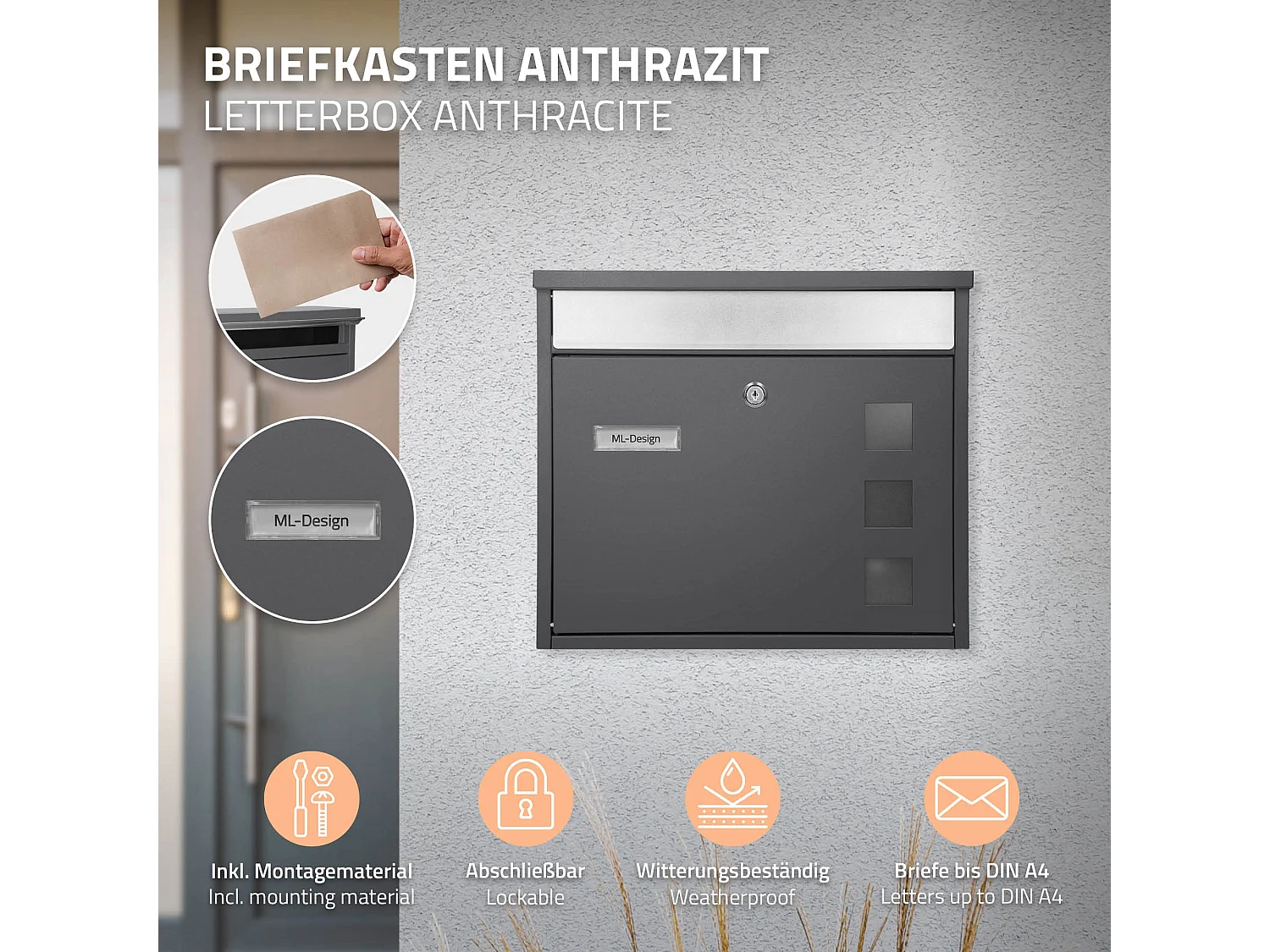 Boîte aux lettres anthracite-argent avec support métallisé 120cm+ kit de montage