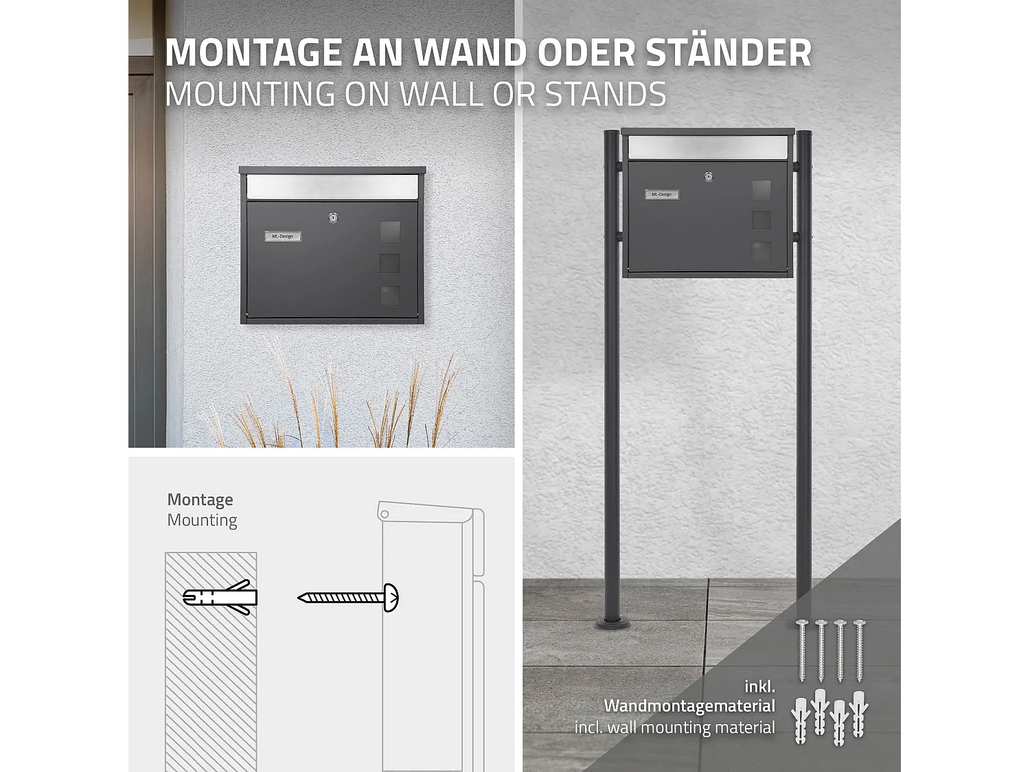 Boîte aux lettres murale avec porte-journaux acier inoxydable anthracite moderne