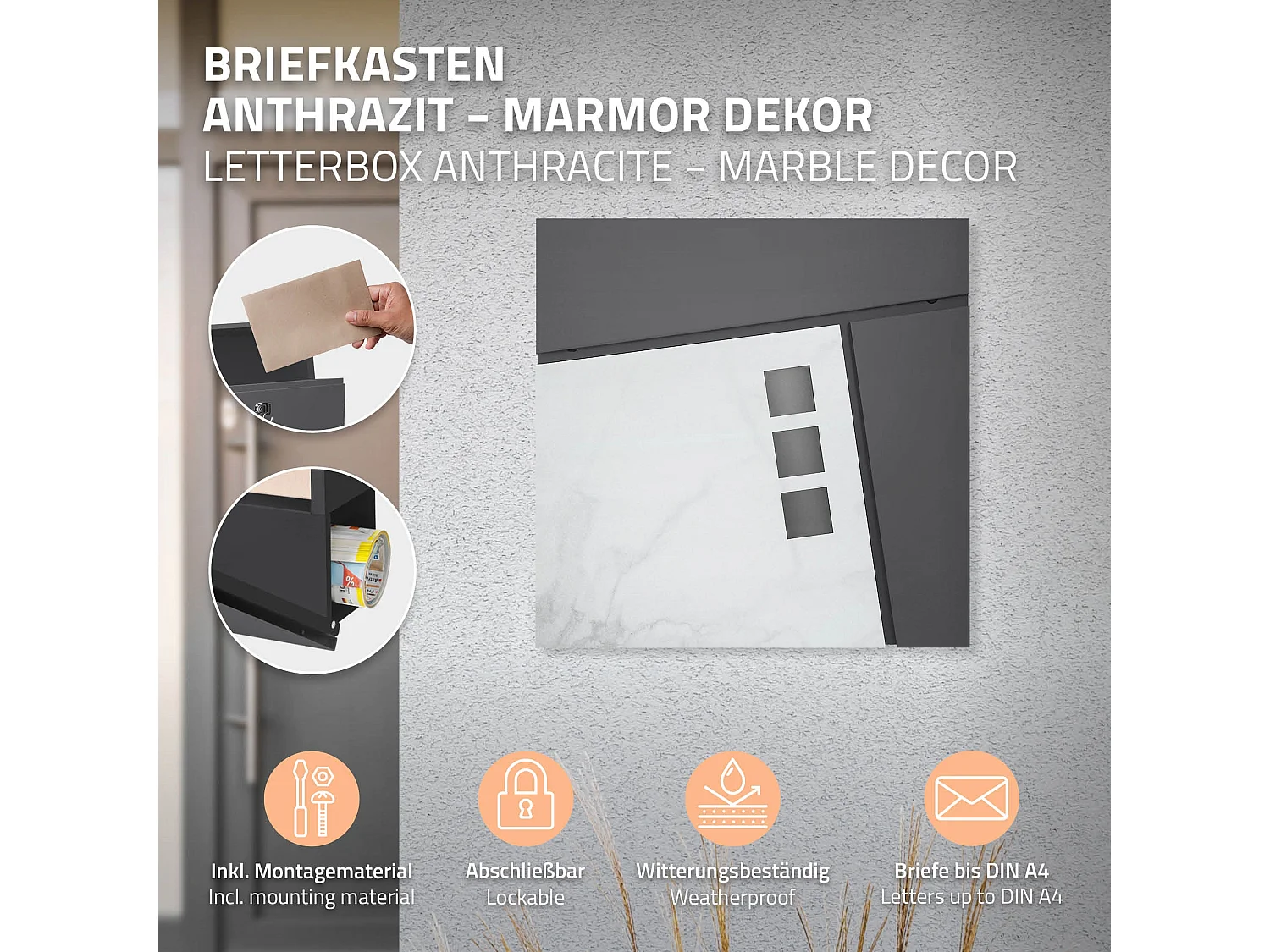 Cassetta postale antracite effetto marmo con supporto piedistallo acciaio inox